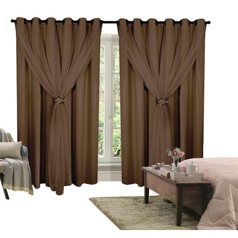 Cortina Corta Luz 2,00M x 2,40M 100% Blackout com Voil Tabaco para Sala ou Quarto para Varão Simples