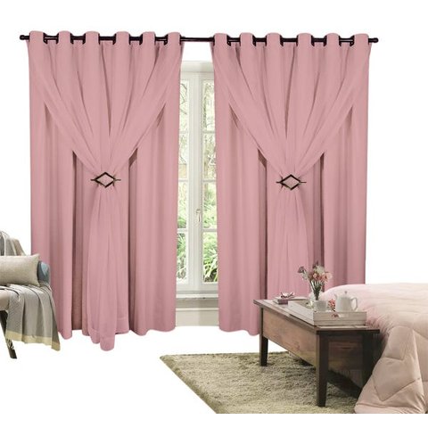 Cortina Corta Luz 3,00M x 2,60M 100% Blackout com Voil Rosa para Sala ou Quarto para Varão Simples