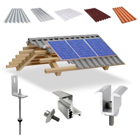 Kit Estrutura Suporte Fixador Linha C P/ 03 Placas Solar Alumínio Inox Telha Fibro Ondulada Viga Mad