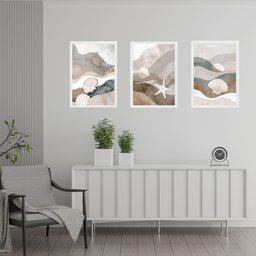 Kit 3 Quadros Praia Neutros - Abstratos 24x18cm - com Vidro:moldura Branca - 1