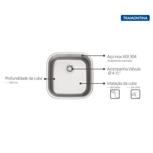 Cuba Tramontina Aria Maxi 40 BS Prime em Aço Inox Acetinado 40 x 40 x 20 cm com Válvula - 3