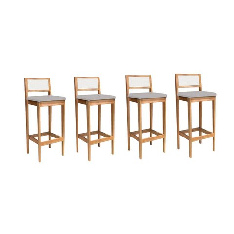 Kit 4 Banquetas Madeira Mel Bandada com Encosto Palha Rattan:Mel com Linho Cinza