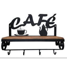 Prateleira Rústica Madeira Ferro Café Gancho Cozinha - 1