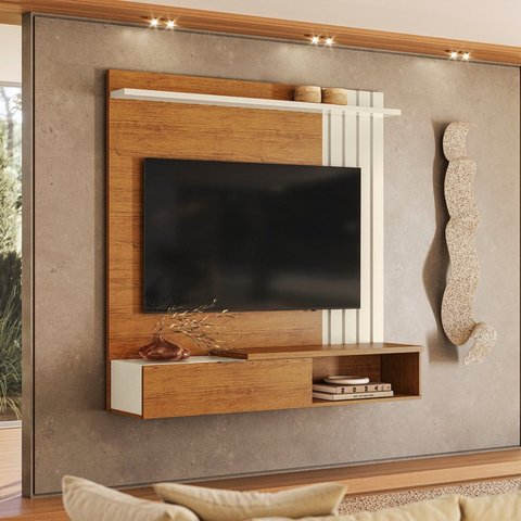 Painel Ripado para Tv 65 Polegadas 138cmx160cm Suspenso Vegas Canela Off White