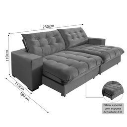 Sofá Califórnia Retrátil e Reclinável 4 Lugares 2,30m com Molas Ensacadas e Pillow Cinza - 3