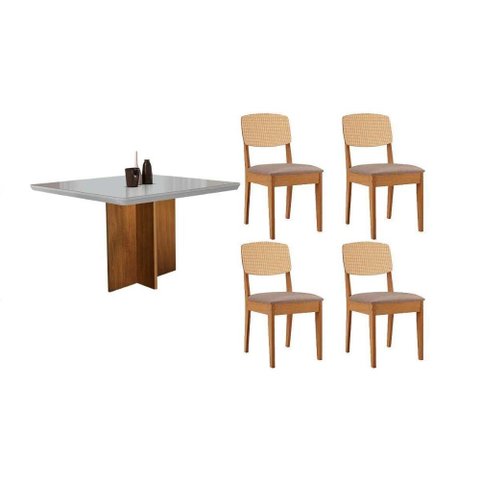 Conjunto: Mesa de Cozinha Berlim Curvo 90cm + 4 Cadeiras Havana Naturale/Off White - Linho Capuccino