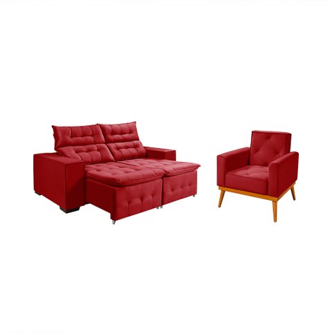 Kit Sofá Retratil Reclinável Bari 1,90 Pillow Mais Poltrona Florença em Veludo Vermelho