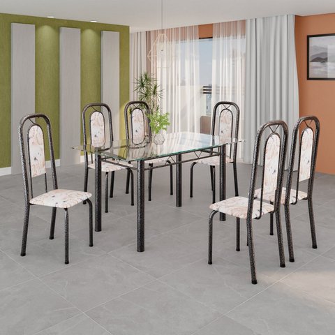 Conjunto de Mesa Tubular Tampo Vidro com 6 Cadeiras Lara Prata/Bege