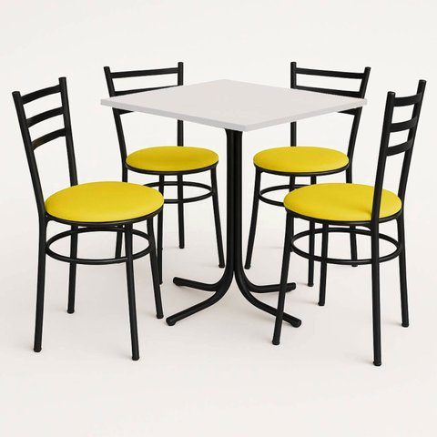 Conjunto Mesa Preta 70x70cm Tampo Branco com 4 Cadeiras Epoxi