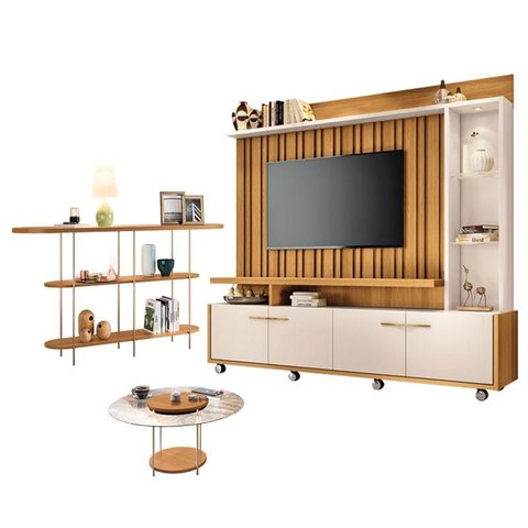 Estante Home Theater Titan Off White Cinamomo e Aparador Infinity e Mesa de Centro sky com Tampo de 