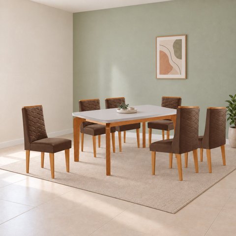 Conjunto de Mesa de Jantar Dublin 180 Tp MDF Vidro Canto Copo 6 Cadeiras Estela