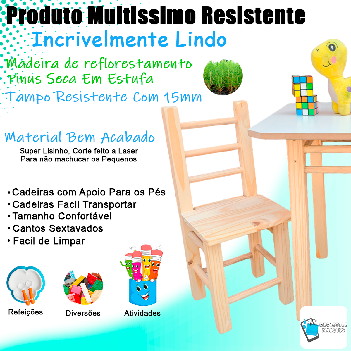 Conjunto Mesa e Cadeira Infantil de Madeira Maciça Resistente - 2