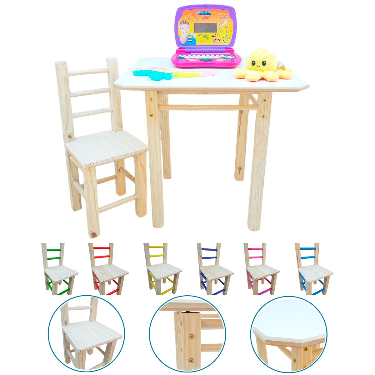 Conjunto Mesa e Cadeira Infantil de Madeira Maciça Resistente - 4