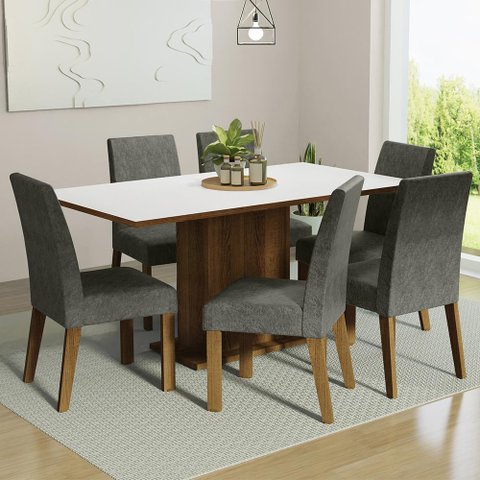 Conjunto Sala de Jantar Mesa Tampo de Madeira 6 Cadeiras Rustic/branco/silver Renata Madesa
