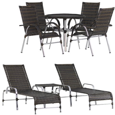 Kit 4 Cadeiras Vênus e Mesa Garden, 2 Espreguiçadeiras Catar e Mesa Emily para Jardim, Piscina Trama