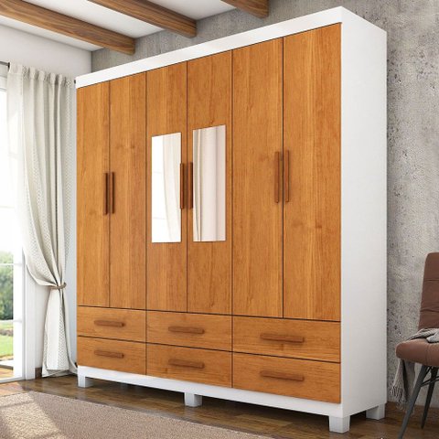 Guarda-roupa Solteiro Aria 6 Portas 6 Gavetas com Pés e Espelho Branco/cinamomo - Pnr Móveis