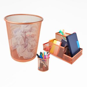 Kit Organizador, Porta Caneta e Lixeira Rose Gold Escritório