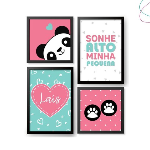 Quadros Infantis Decorativos Panda Rosa e Verde com Moldura:preta