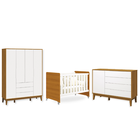 Quarto de Bebê Berço Evolution + Guarda Roupa 4P + Cômoda Sp Elfe Branco Fosco / Savana