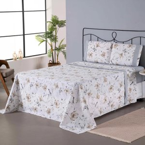 Jogo de Cama Completo Casal Queen Size Percal 180 Fios Estampado Ponto Palito Algodão 4 Peças Cinza