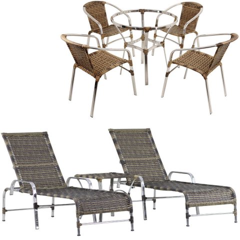 Kit Jogo de 4 Cadeiras e Mesa Floripa em Alumínio com 2 Espreguiçadeiras Roma Regulável e Trama Orig