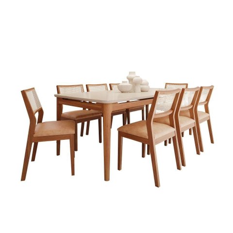 Conjunto Sala de Jantar 8 Lugares Baobá 2,10m Tauari com Cadeiras Bella com Vidro Temperado -