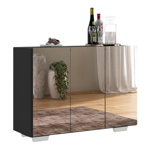 Aparador Buffet 4 Portas Com Espelho E Pés Quadrados Vegas V3560 Preto/Branco Preto/Branco