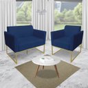 Ver imagem 2 de Kit 01 Namoradeira e 02 Poltronas Marisa Suede Azul Marinho Base Industrial Metálica Dourado D'