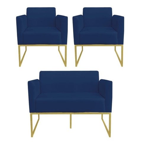 Kit 01 Namoradeira e 02 Poltronas Marisa Suede Azul Marinho Base Industrial Metálica Dourado D'