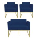 Ver imagem 1 de Kit 01 Namoradeira e 02 Poltronas Marisa Suede Azul Marinho Base Industrial Metálica Dourado D'