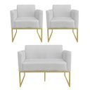 Ver imagem 1 de Kit 01 Namoradeira e 02 Poltronas Marisa Suede Cinza Base Industrial Metálica Dourado D'Rossi