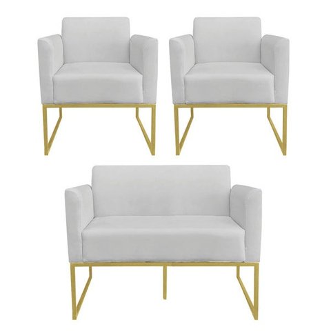 Kit 01 Namoradeira e 02 Poltronas Marisa Suede Cinza Base Industrial Metálica Dourado D'Rossi
