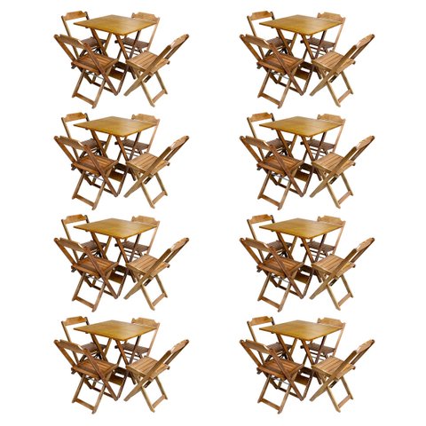 Kit 8 Jogos de Mesa com 4 Cadeiras de Madeira Dobrável 70x70 Ideal para Bar e Restaurante - Mel