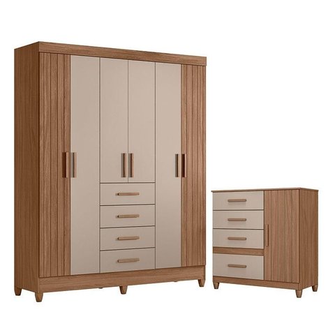 Guarda Roupa Solteiro Aruba e Cômoda Vênus com Pés Carvalho Fendi – Moval