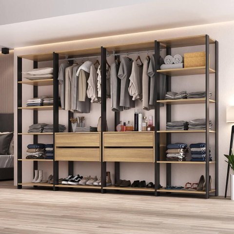 Guarda Roupas Closet Modulado 205cm 4 Peças com 4 Gavetas e Cabideiros Multimóveis Mp4321 Preto