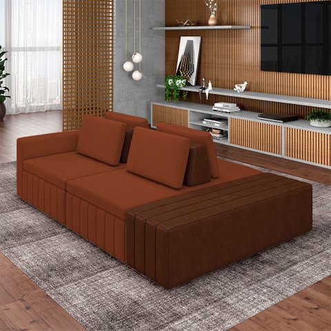 Sofá Ilha com Encosto e Almofadas Móveis Olimpo 265cm Modulado Linho/PU Terracota/Marrom G45 - Gran 