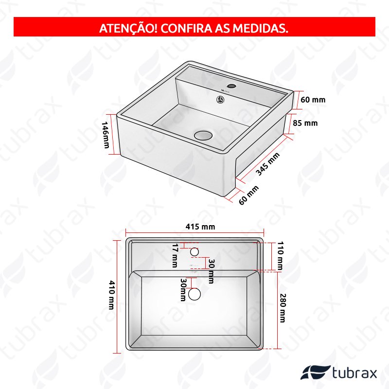 Cuba Cerâmica Lavabo Banheiro Em Louça Semi-encaixe Branca Tubrax - 3
