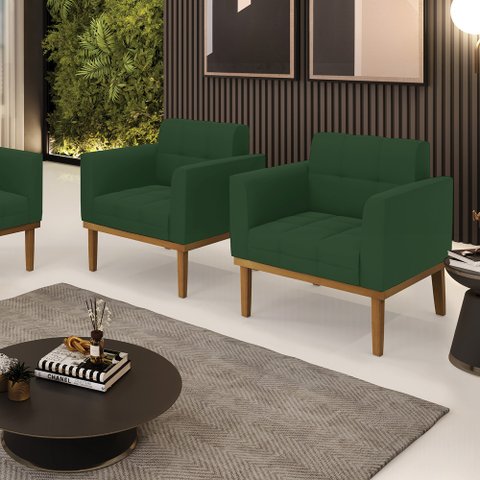 Kit 2 Poltronas Decorativas Karen Pés Fixo em Madeira Castanho Veludo Verde Esmeralda G19 - Gran Bel
