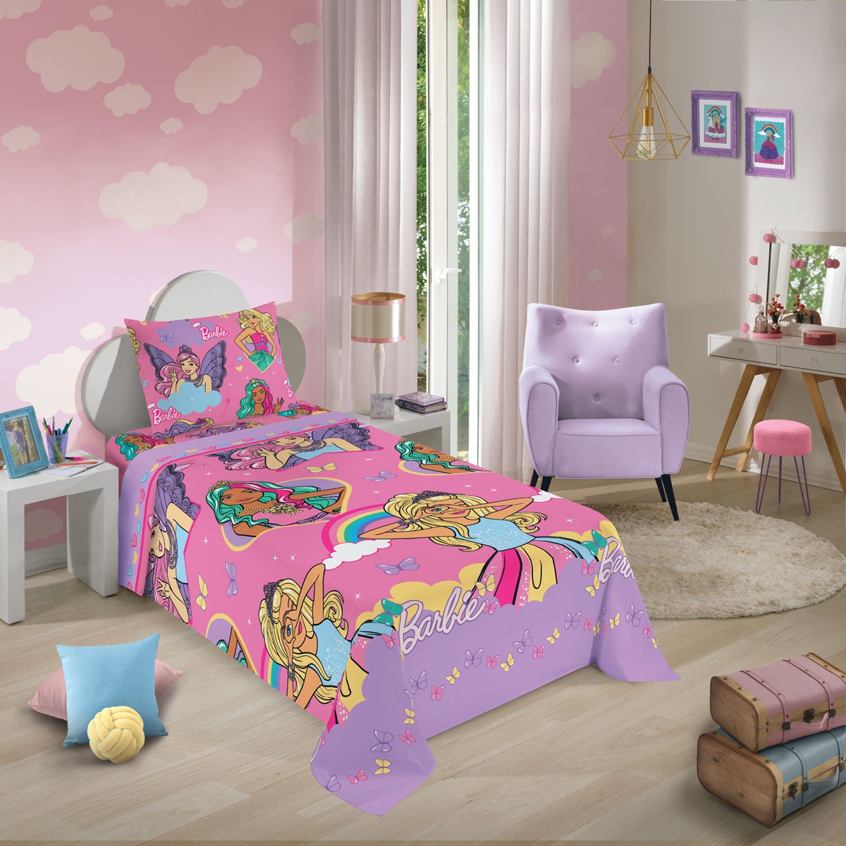 Kit Jogo Quarto Menina Colcha Cobre Leito Barbie Infantil