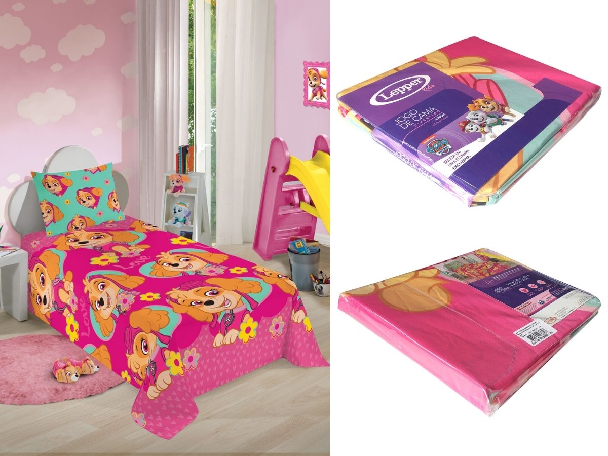 Jogo de Cama Infantil Lepper Patrulha Canina Menina Solteiro 2 Peças Microfibra Rosa - 6