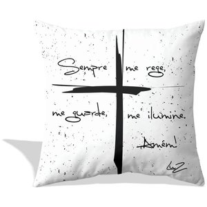 Almofada Crucifixo funo branco com oração por Lu.Z 48x48cm preta e branca