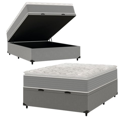 Cama Box Baú Casal Molas Ensacadas Pillow Top 138x188x66cm Martino Cinza Umaflex