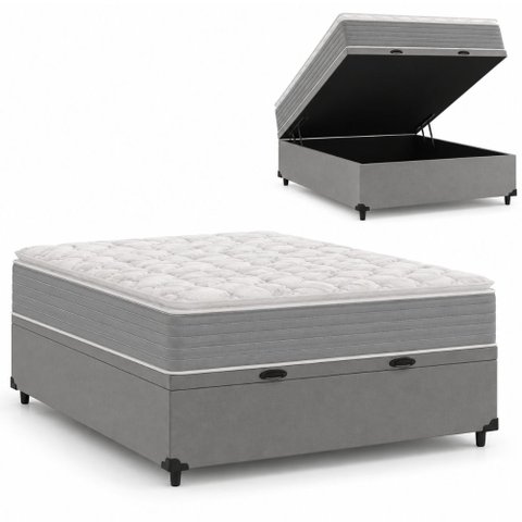 Cama Box Baú Casal Molas Ensacadas Pillow Top 138x188x66cm Martino Cinza Umaflex