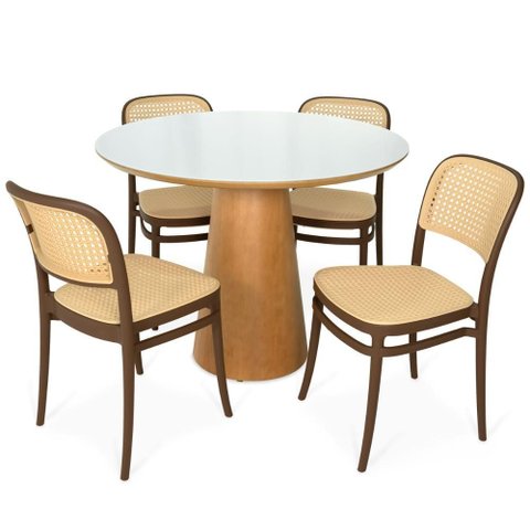 Conjunto Mesa de Jantar Redonda Quiara 100cm Branco com 4 Cadeiras Roma - Marrom