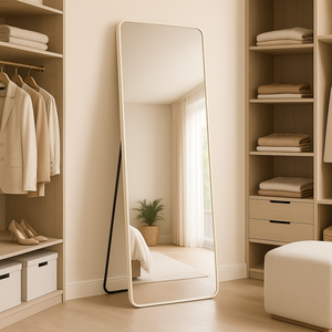 Espelho Retangular Corpo Inteiro C/ Suporte de Chão/parede Moldura em Alumínio Off White 170x70cm
