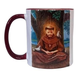 CANECA DE CERÂMICA BRANCA RESINADA COM ALÇA E BORDA MARROM (SÃO FRANCISCO DE ASSIS)
