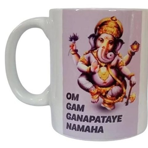 CANECA BRANCA DE CERÂMICA RESINADA (GANESHA MANTRA)