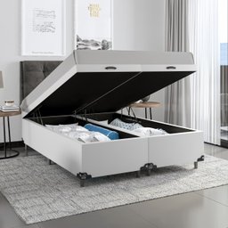 Cama Box Baú Casal Bipartido - 44x138x188cm - Couro Branco - 2