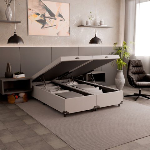 Cama Box Baú Casal Bipartido - 44x138x188cm - Couro Branco