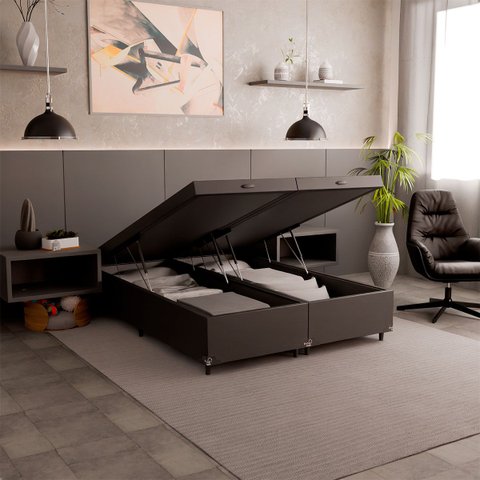 Cama Box Baú Casal Bipartido - 44x138x188cm - Couro Preto